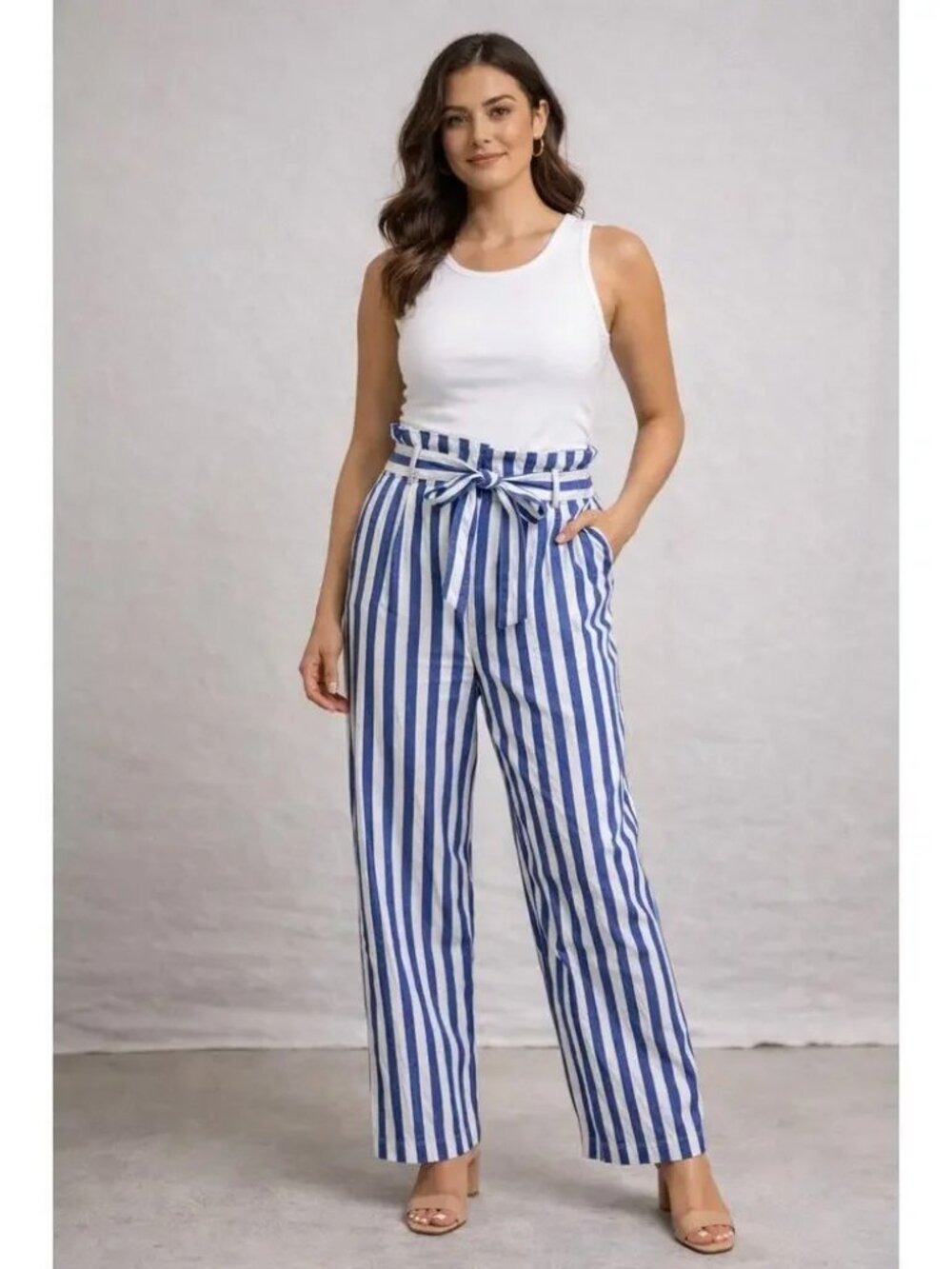 J. CREW Blue & White Linen Stripe Crop Paperbag Waist with Tie Pants - EUC - Picture 7 of 13